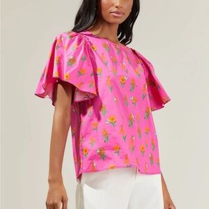 Sugarlips Pink and Yellow Boxy Ruffled Blouse